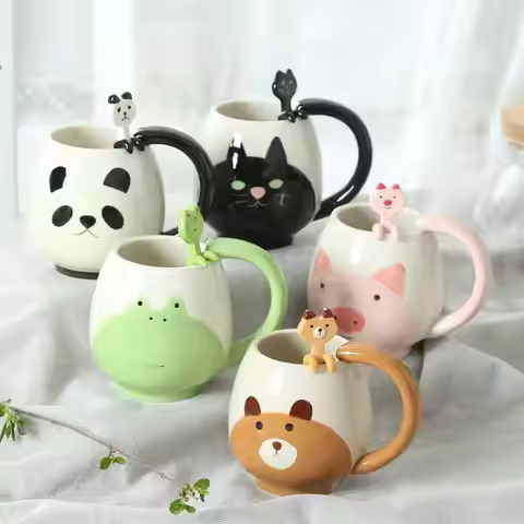 Hand-painted Coffee Cup Cartoon Lovely Panda Frog Cat Fox Pig Ceramic Mug Couples Children's Drinkin