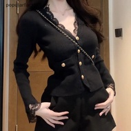 [Popularfactors] Short Cardigans V Ne Elegant Lace Patchwork Vintage Woman Sweaters Autumn Winter Ko