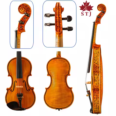 STJ Hand-drawn violin neck 4/4 violin European spruce wood violin shell Fiddle Ebony violin pegs cas
