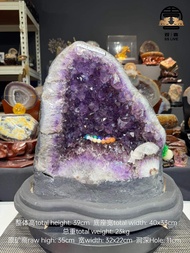 raw stone amethyst purple stand with rutilated and also custom made base 💯天然紫晶钱袋子 鲨鱼洞🦈 钛晶共生 右侧底部方解石💰