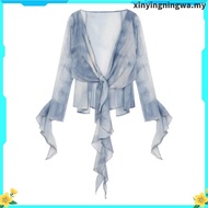 (Trendy)  Glamorous Blouse Tie Dye Contrast Mesh Front Frill Blouse for Women L106AD939