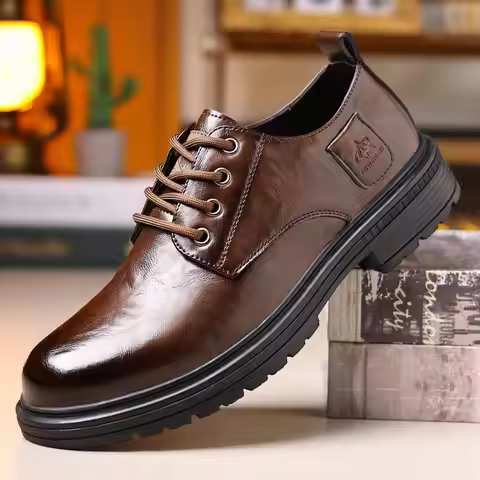Men's Genuine Leather Lace-up Work Shoes, Platform Platform Shoes, Casual Genuine Leather Non-slip M