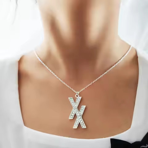 1pc New Big Pendant Double X With Crystals Necklace Silver Gold Color Letter Charms Chain Women Girl