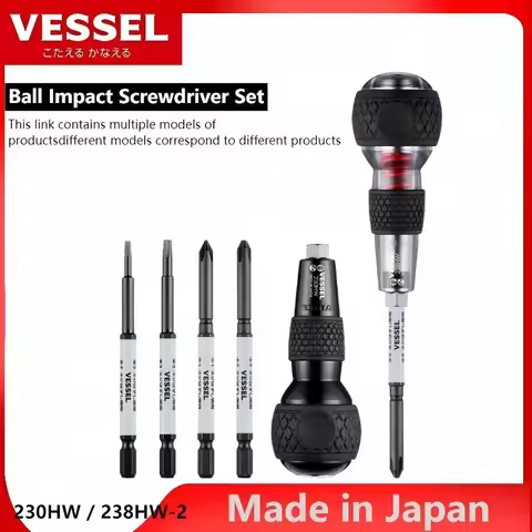 JIS VESSEL 230HW / 238HW-2 Ball Impact Screwdriver Set with Replacement Bits, Interchangeable Philli