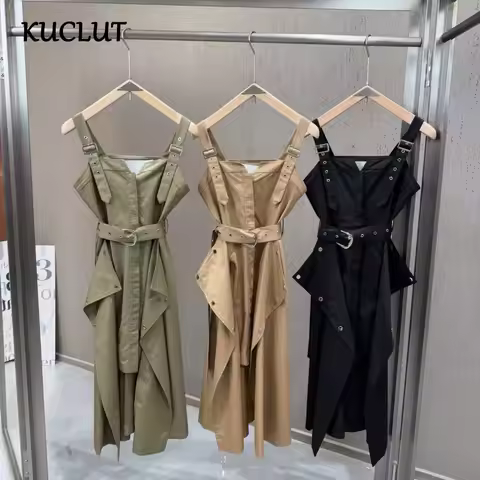 KUCLUT Fashion Belted Waist Multi-Buckle Asymmetrical Patchwork High-End Strap Dresses For Women Ver