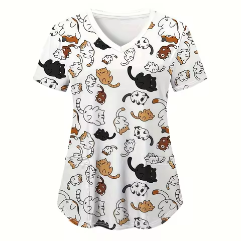 Nursing Uniform for Women Cute Cat Cartoon Print Pet Nursing Tops Fashion V-Neck Short Sleeve T-Shir