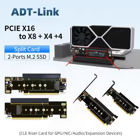 PCIe 4.0 X16 Splitter Adapter Card PCI-E X8 + 2-Ports M.2 M-Key NVMe SSD Expansion Card for X8X4X4 /