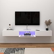 Bixiaomei Floating TV Stand with LED Lights, 71'' Wall Mounted TV Cabinet with Glass Door and 2 Drawers, Wooden Entertainment Media Console Center Large Storage Shelf Under TV (70.86IN, White)