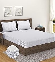 Home Sizzler 300TC Cotton White Satin Striped Elastic Fitted Double Bedsheet with 2 King Size Pillow
