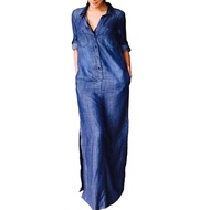 Women A-line Denim Dress Soft Denim Dress Bohemian Plus Size Women’s Denim Maxi Dress Loose Fit Long