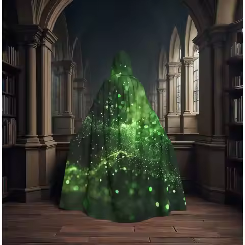 Glowing Emerald Magical Enchanted Forest Viking Goddess Long Hooded Cloak Witch Medieval Costume Cos