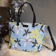 J2HL Kate Spade Classic Medium Dawn Satchel Two Zip and Tab Closure Nylon Bag - Light Blue Floral Print Women's Tote Bag with Sling