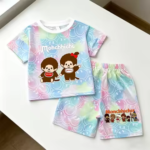 Tie-dye Short-sleeve 2pcs Monchhichi T-Shirt Sets Anime Summer Cartoon Outfits Clothing Cute Smlie T