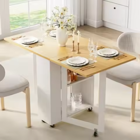Folding Dining Table, Space-Saving Dining Table with 6 Rolling Wheels and 2-Tier Storage Shelf, Kitc