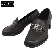 二手 Salvatore Ferragamo 皮革雙 Gancini 鞋跟樂福鞋，女款，黑色，7D 碼，38760