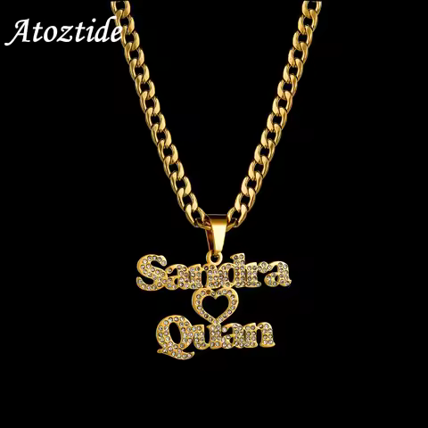Atoztide Customized Nameplate Necklace for Women Stainless Steel 2 Rows Zircon 5mm NK Chain Detachab