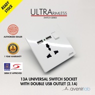 reTouch Ultra Rimless 13A Universal Switch Socket Double USB Outlet 2.1A [WHITE]