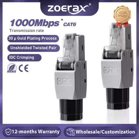 ZoeRax RJ45 Connector Tool-Free, CAT6 Field Termination Plug, Gold Plated Modular Plug, UTP CAT6 Con
