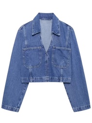 Cicishop(1611) เสื้อครอปแจ็คเก็ตยีนส์ คอปกแขนยาว มีกระเป๋าหน้า ใส่แบบชิคๆวินเทจ