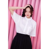 เสื้อนักศึกษาคอจีน เสื้อคอจีน ทรงบอย ผ้าดิบ/ผ้าคอมทวิว (สีขาวนวล) ใส่ได้ทั้งผู้หญิงและผู้ชาย