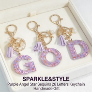 Purple Angel 26 Letters Keychain for Women Star Sequins Purse Charms Gifts Fashion Accessory A-Z Let