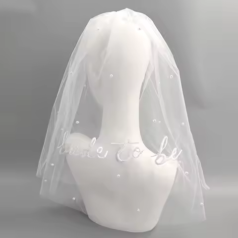 Personalized Bride Veils Elegant 2 Layer Pearl Veil with Letter Embroidery Bachelorette Party Photo 