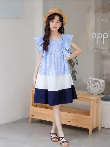 Dress For Girls Summer 2024 Party Teenager Girl Dresses Cotton Outfit Family Matching Clothes Blue P