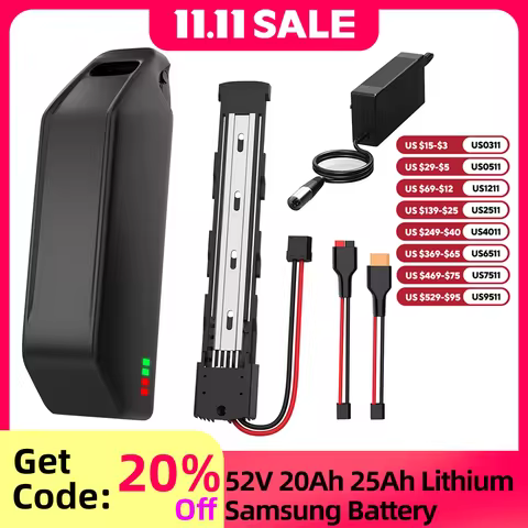 52V 20Ah 25Ah Lithium EBike Battery with 50A BMS SamSung 21700 50G Cells & Charger for 100W-2500W Mo