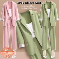 KCM 【St.Mandy】Women Blazer Suit Three-Piece Set Plus Size Formal Working Suit Korean Leisure Suit Set Thin Coat + Vest + Pants 3pcs Office Wear Set