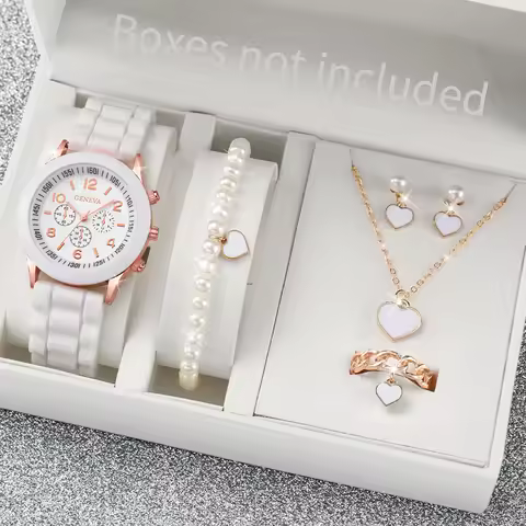 5PCS/Set Geneva Women Watch Heart Pearls Jewelry Set Casual Silicone Band Female Quartz Wrist Watch（