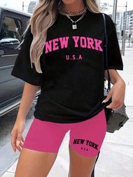 SHEIN EZwear 女性夏季休閒NYC字母印花圓領T恤和短褲2件套裝