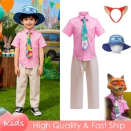 Movie Zootopia Costume For Kids Nick Wilde Cartoon Character Purple Shirt Pants Hat Suit Set Hallowe