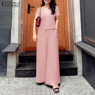 ZANZEA ชุดสองชิ้นสำหรับฤดูร้อนของผู้หญิงชุดเสื้อแขนแร็กแลนเสื้อคอวีชุดยาวกางเกงสีทึบบาง #0331