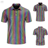 2) Colorful Sequin Shirt Men's 70s Disco Costume Short Sleeve T Shirts Party Top