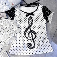 Japanese Asian Culture Polka Dot Music Symbol Print Summer Short-Sleeved Retro y2k Slimmer Look Top 