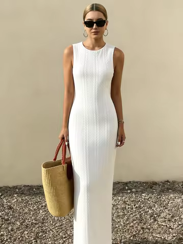 Women Sleeveless RoundNeck White CableKnit Cable Bodycon Maxi Dress MinimalistChic Vacay Summer Beac