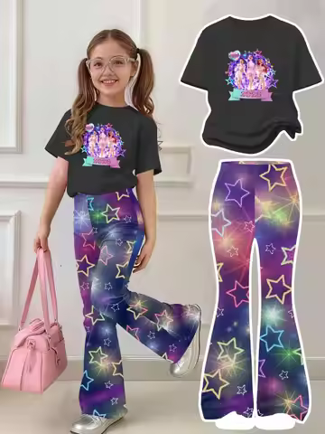 2026 Concert Outfit Girls 2 Piece Set Sparkle Star Crop Top & Black Flare Pants Kids Cute Clothing