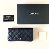 全套配件 Chanel中古黑色金標魚子醬皮革長夾 錢包 二手皮夾 手袋
