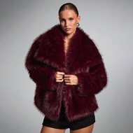 Oversized Shaggy Faux Fur Jacket Sexy Going Out Fall Autumn Winter Y2k Elegant Dystopian, Burgundy O