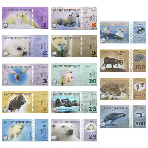 Arctic Commemorative Banknote, Complete Set of 14 Different Denominations, 1 2 3 5 6 8 9 10 15 25 50