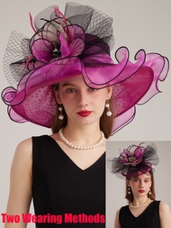 FS 2024หมวก Kentucky Derby สำหรับผู้หญิงออแกนซ่าขนนกหมวกแก๊ปดอกไม้เจ้าสาวงานแต่งานโบสถ์ค็อกเทลปาร์ตี้น้ำชา Fedora ผู้หญิง