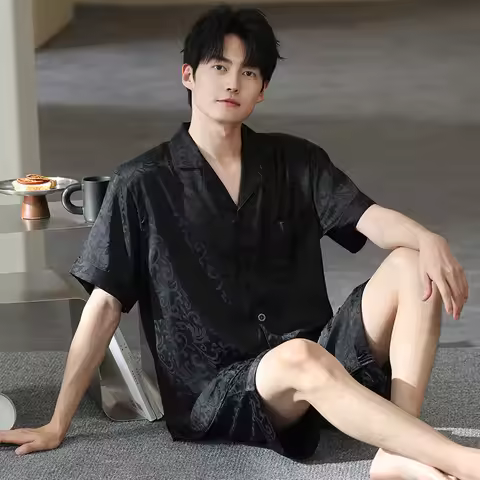 2025 Satin Pajamas Male Teen Summer Short Sleeve Shorts Luxury Loungewear Set Cardigan Men's pijama 