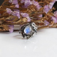 藍暈月光石 純銀樹枝藤 手工戒指