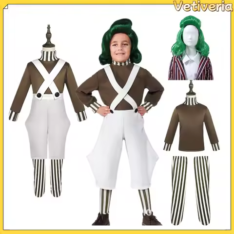 Children Oompa Cosplay Costume Loompa Cosplay Clothing Shirt Pants Kids Wig Set Outfits Halloween Ca