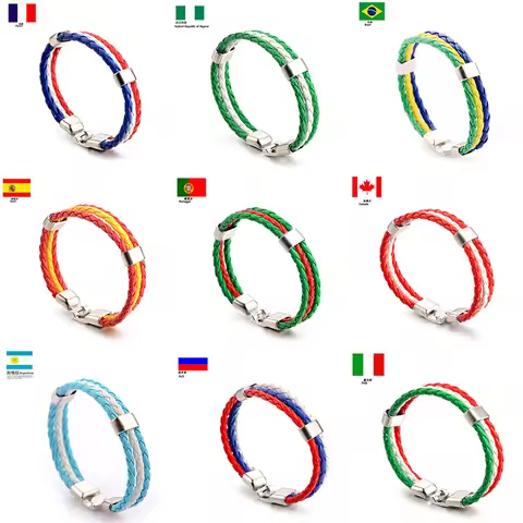 National team Unisex Italy France Russia National Flag Rope Surfer Leather Braided Bracelet Bangle W