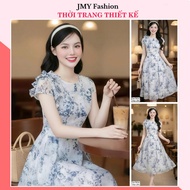 (FIRE) DS7804 Feminine blue floral midi flared shoulder dress [Dolce Viva Collection (DVC/ACC)]