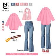 KEMEJA Pinky Women's Oneset Girl (Shirt + Cutbray Jeans + Hijab) Korean Style Outfit NC069