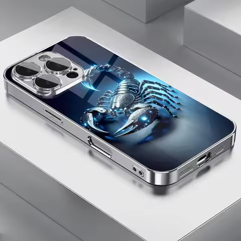 Blue Light Metallic Scorpion Pattern Glass Electroplate Phone Case For iPhone 11 12 13 14 15 16 17 P