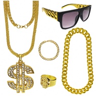 5PCS 80s 90s Accessories Outfit For Men Hip Hop Costume Rapper Sunglasses Faux Gold Rope Chain Brace