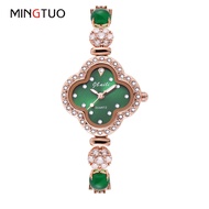 Kuaishou Douyin ยอดนิยม Four-Leaf Clover มรกตสร้อยข้อมือนาฬิกาแฟชั่นผู้หญิงนาฬิกาผู้หญิงถ่ายทอดสดหยก Niche สีเขียว Agate